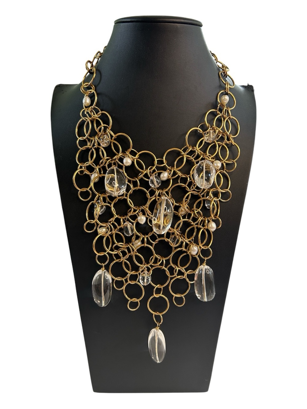 Kara Ross for Doncaster Gold Tone Chain Maille Statement Bib Necklace Clear Drop